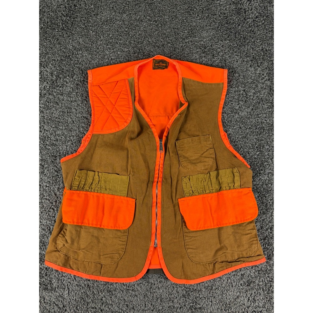 Vintage Saf-T-Bak Hunting Vest Mens Large Orange Brown Canvas Game Bag Talon Zip